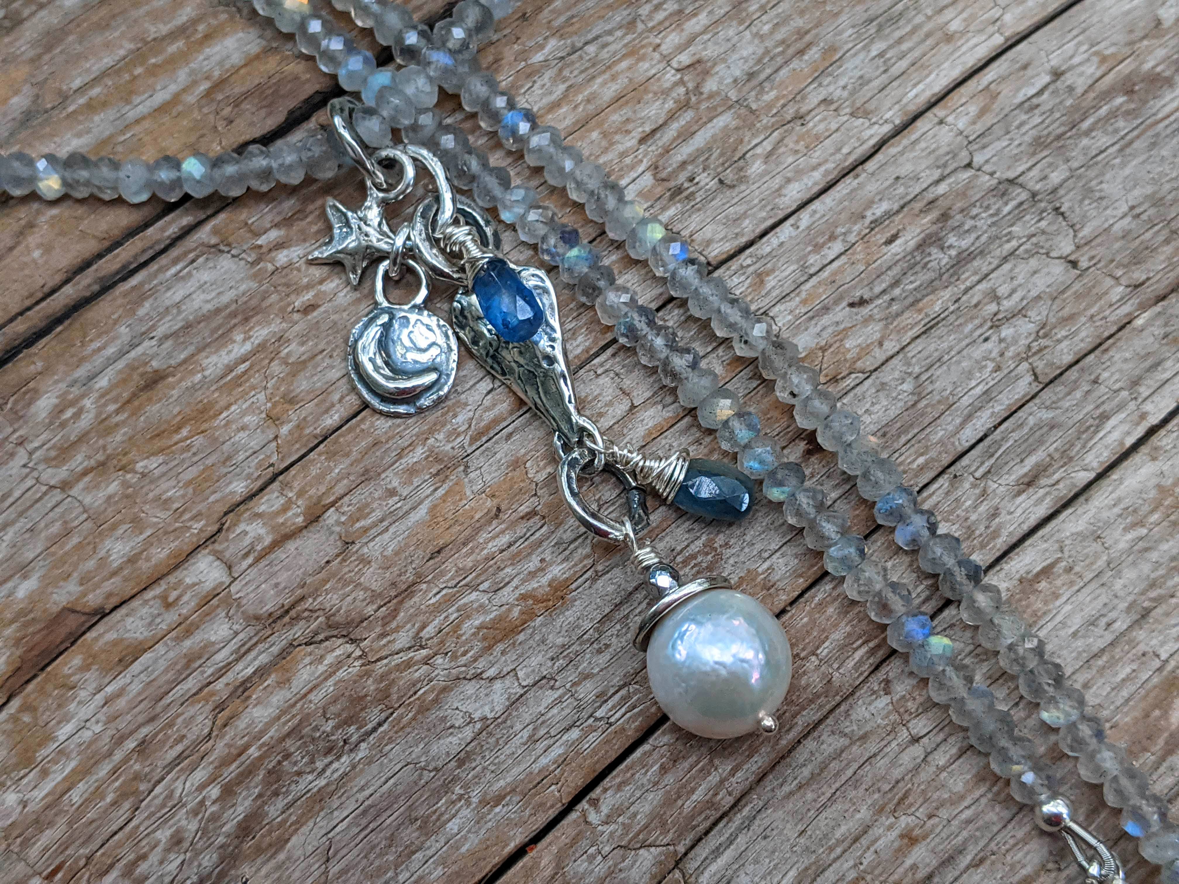 Silver Labradorite Necklace with White Edison Pearl, Crescent Moon & Star Pendant