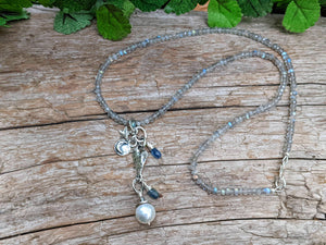 Silver Labradorite Necklace with White Edison Pearl, Crescent Moon & Star Pendant