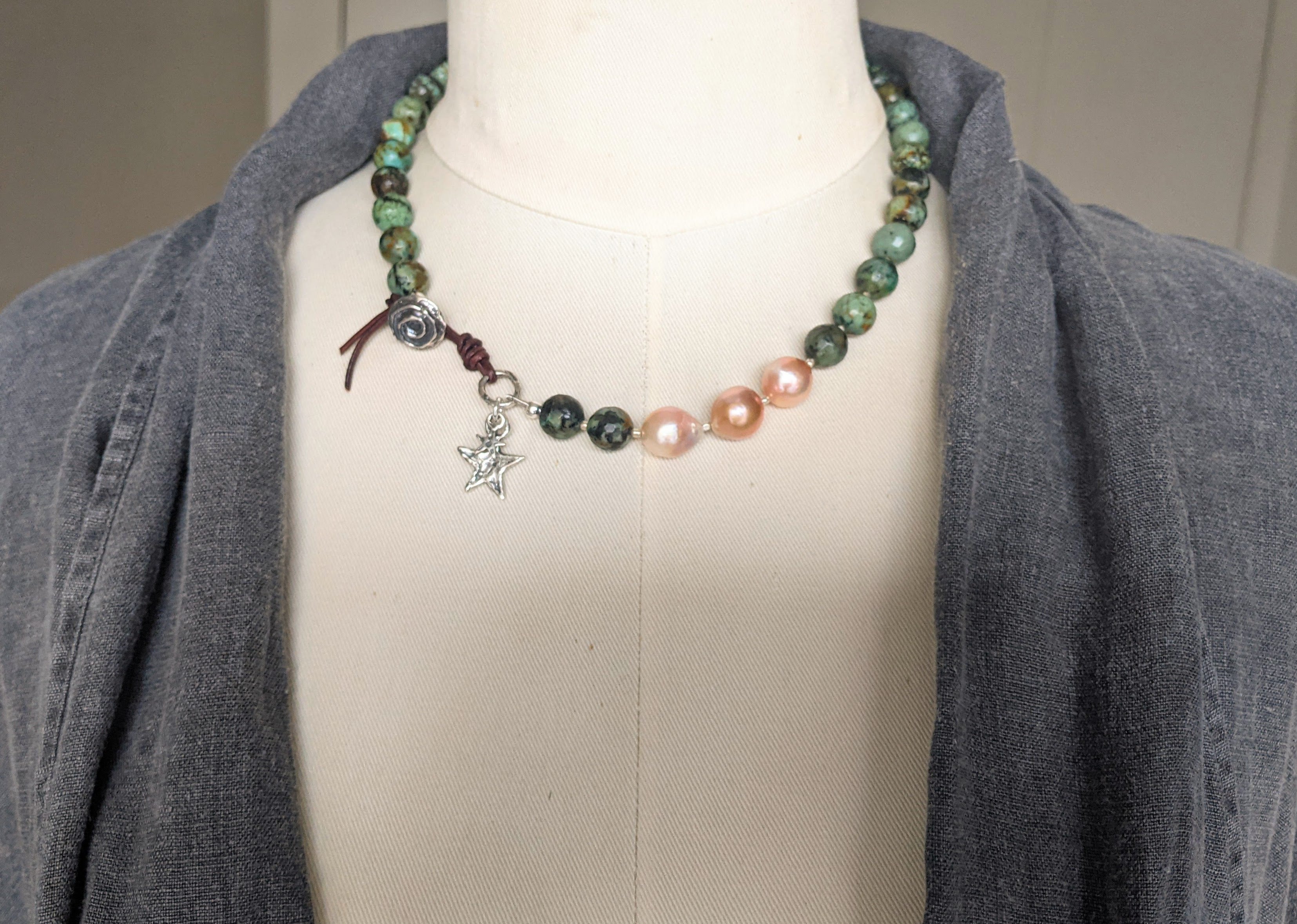 African Turquoise & Big Edison Pearl Boho Necklace