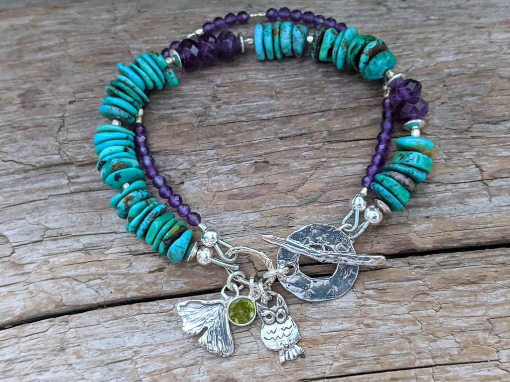 Turquoise & Amethyst Owl Bracelet