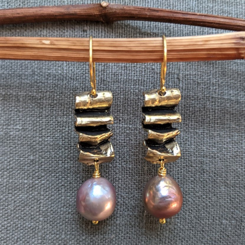 Handmade artistic large pink Edison pearl and gold bronze drop earrings by Aurora Creative Jewellery