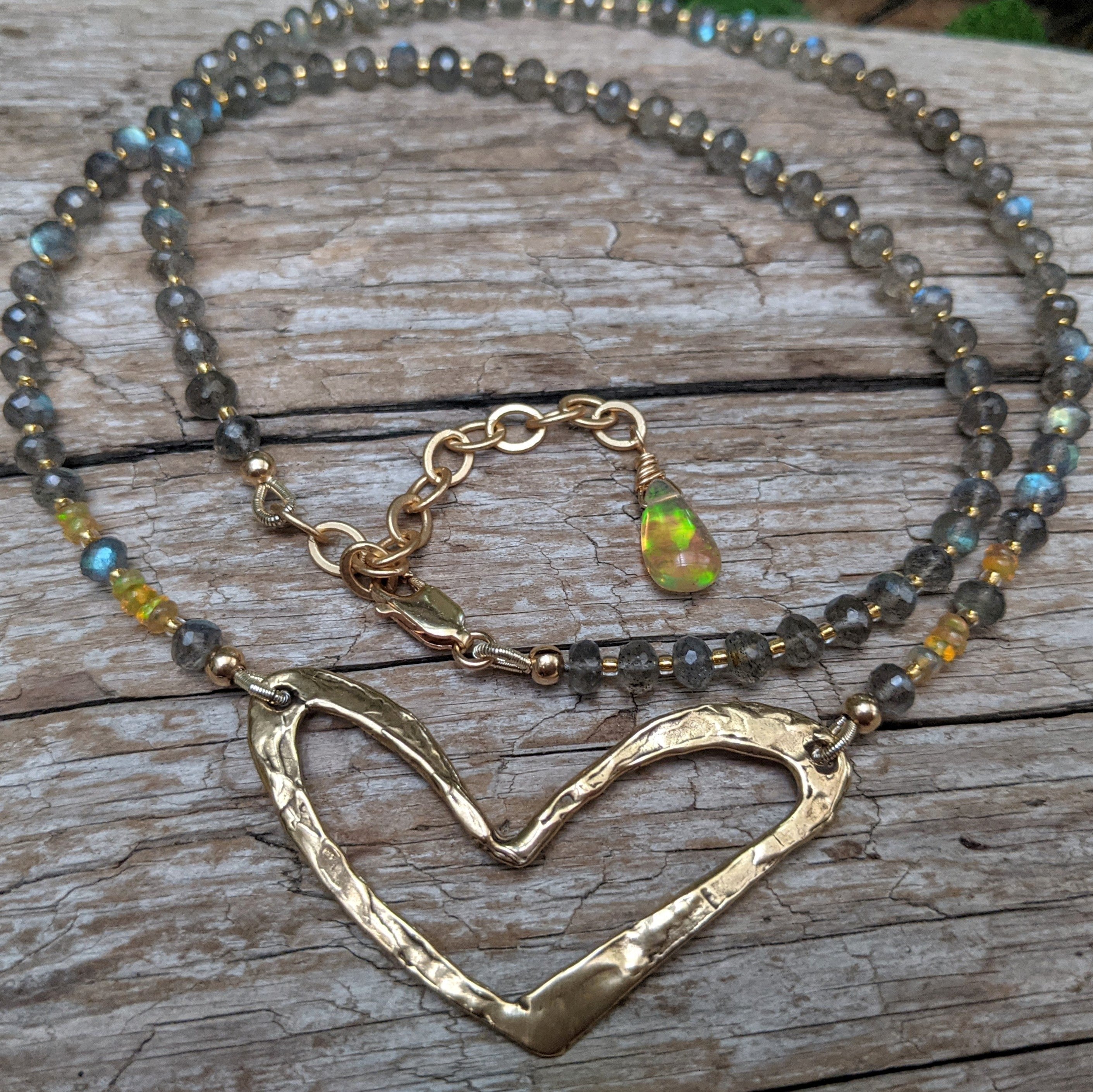 Labradorite, Ethiopian Opal & Gold Bronze Heart Gemstone Necklace