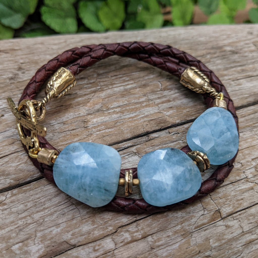 Aquamarine wrap bracelet. Leather wrap bracelet. Artisan bracelet. Statement bracelet. Handcrafted by Aurora Creative Jewellery.