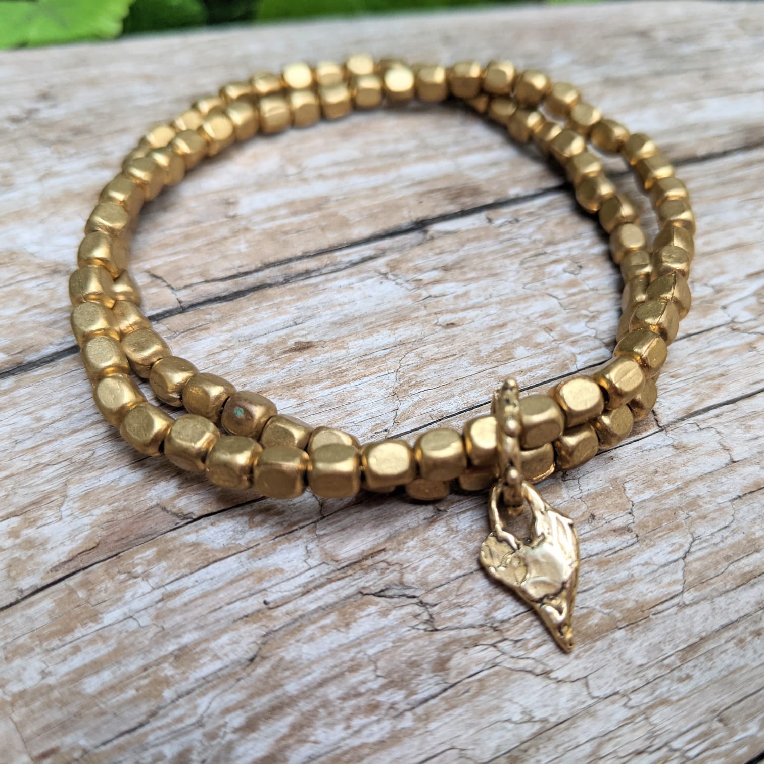 African Brass Elastic Double Bracelet with Heart Charm