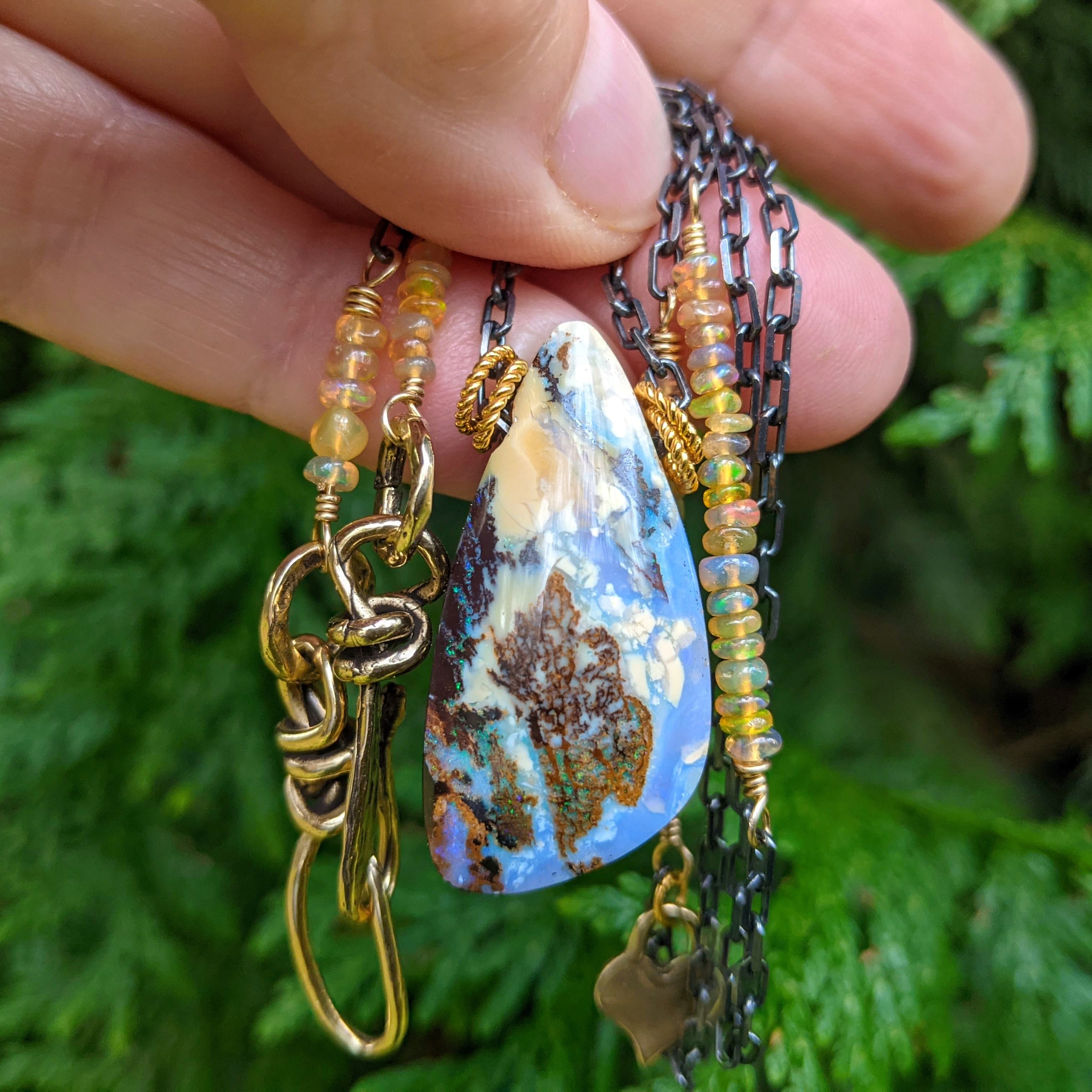 Koroit Boulder Opal necklace. Statement organic necklace. Unique jewelry. Multi stone necklace. Handcrafted by Aurora Creative Jewellery.