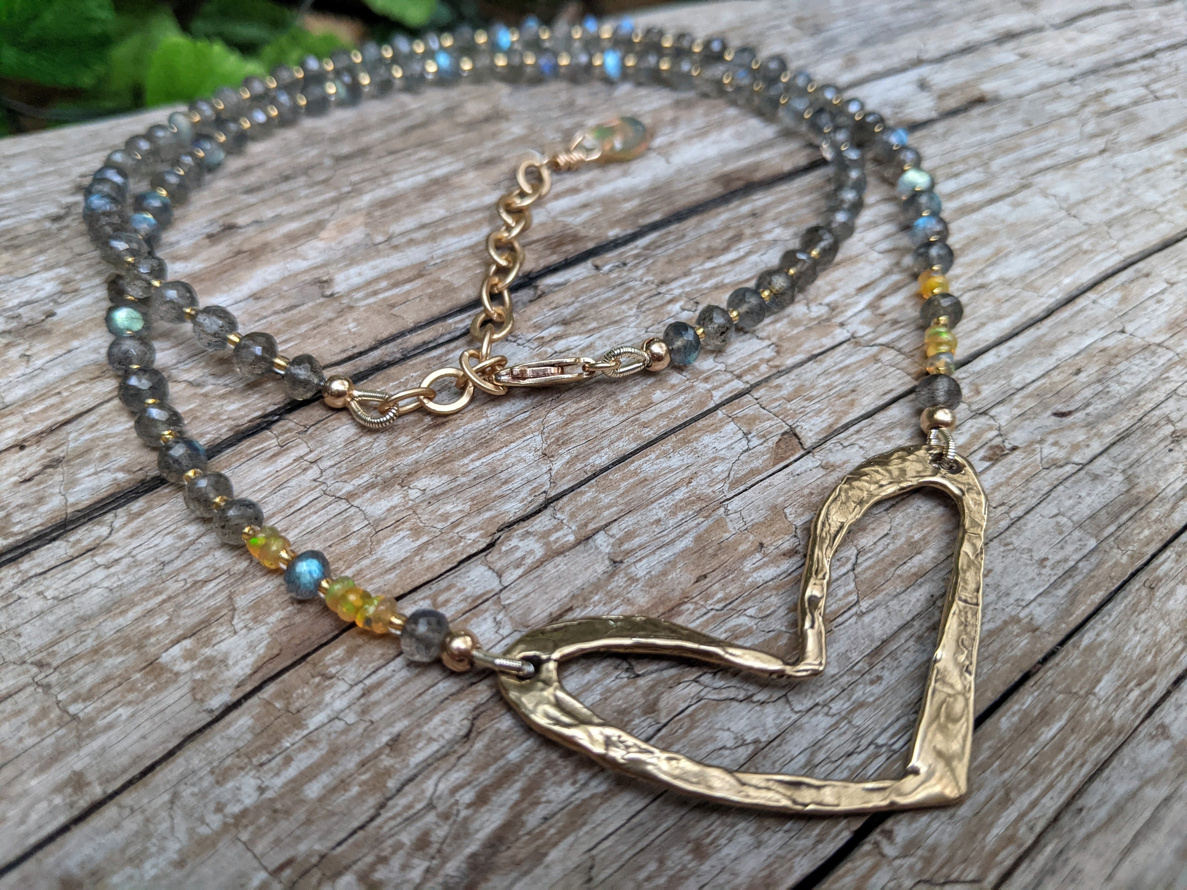Labradorite, Ethiopian Opal & Gold Bronze Heart Gemstone Necklace