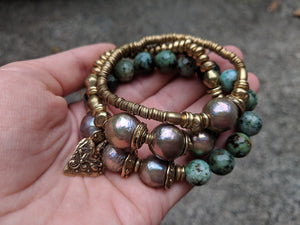 Pink Pearl & African Turquoise Earthy Elastic Heart Bracelet by Aurora Creative Jewellery