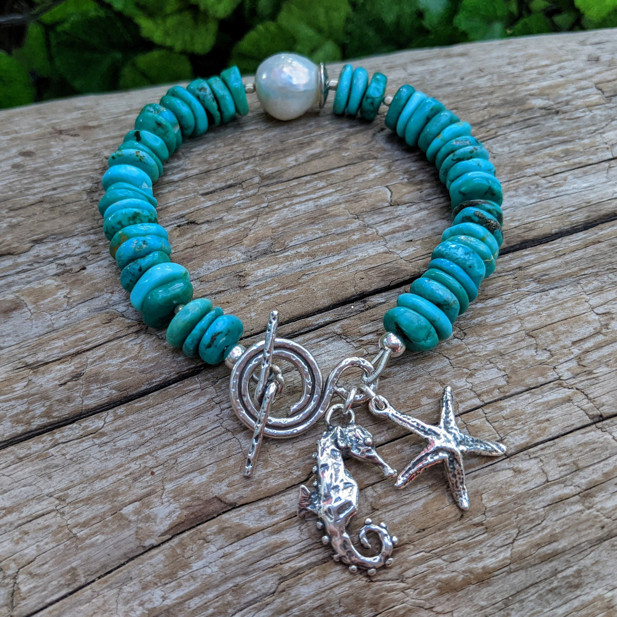 Turquoise, Sea Glass & White Edison Pearl Elastic Bracelet with Seahor –  Aurora Creative Jewellery