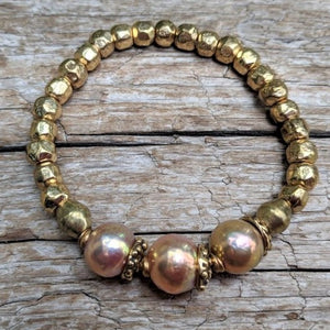 Three Pink Pearls & African Brass Elastic Bracelet