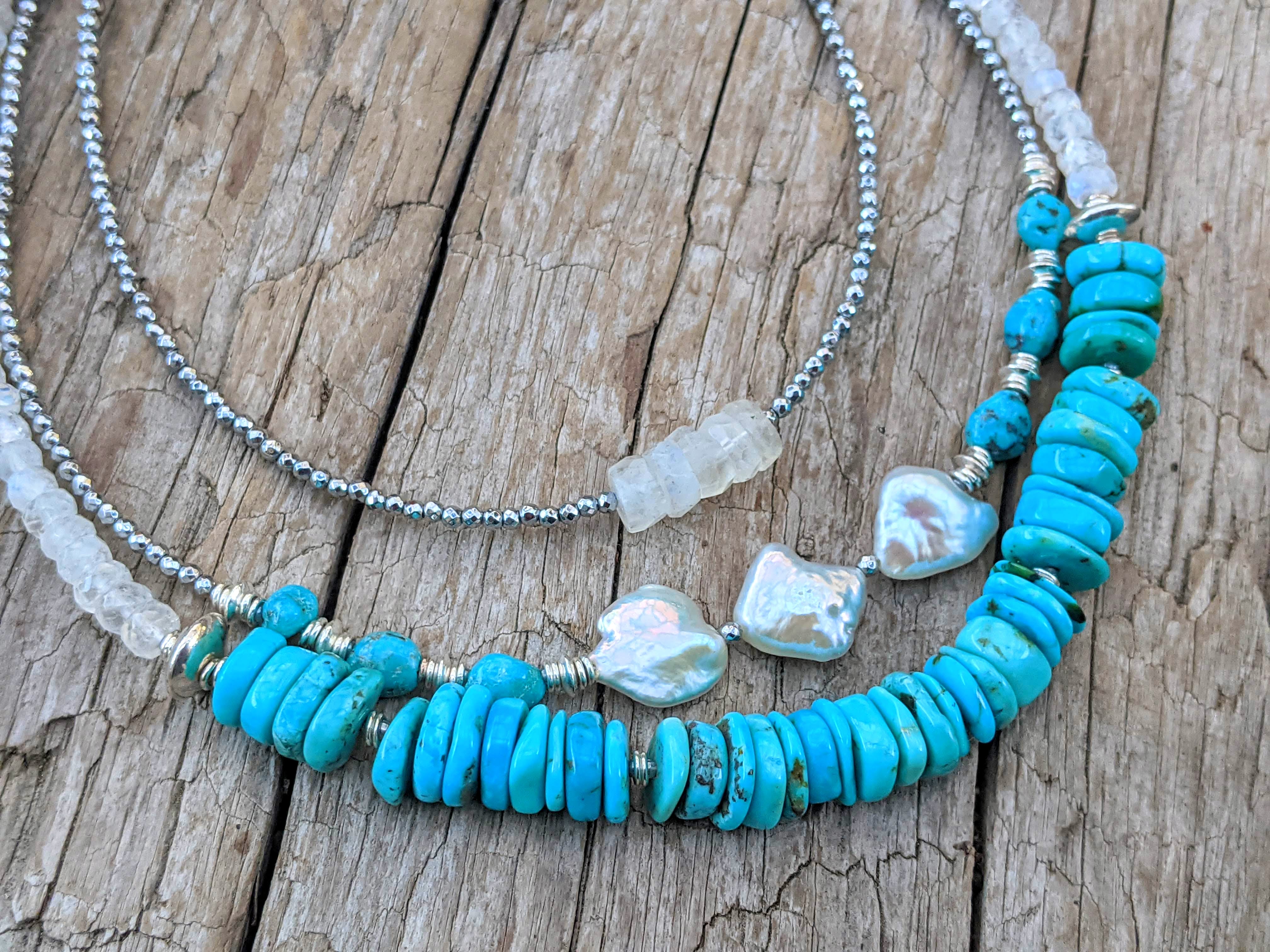 Blue Turquoise & Moonstone, Pearl Boho Necklace
