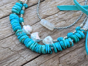 Blue Turquoise & Moonstone, Pearl Boho Necklace