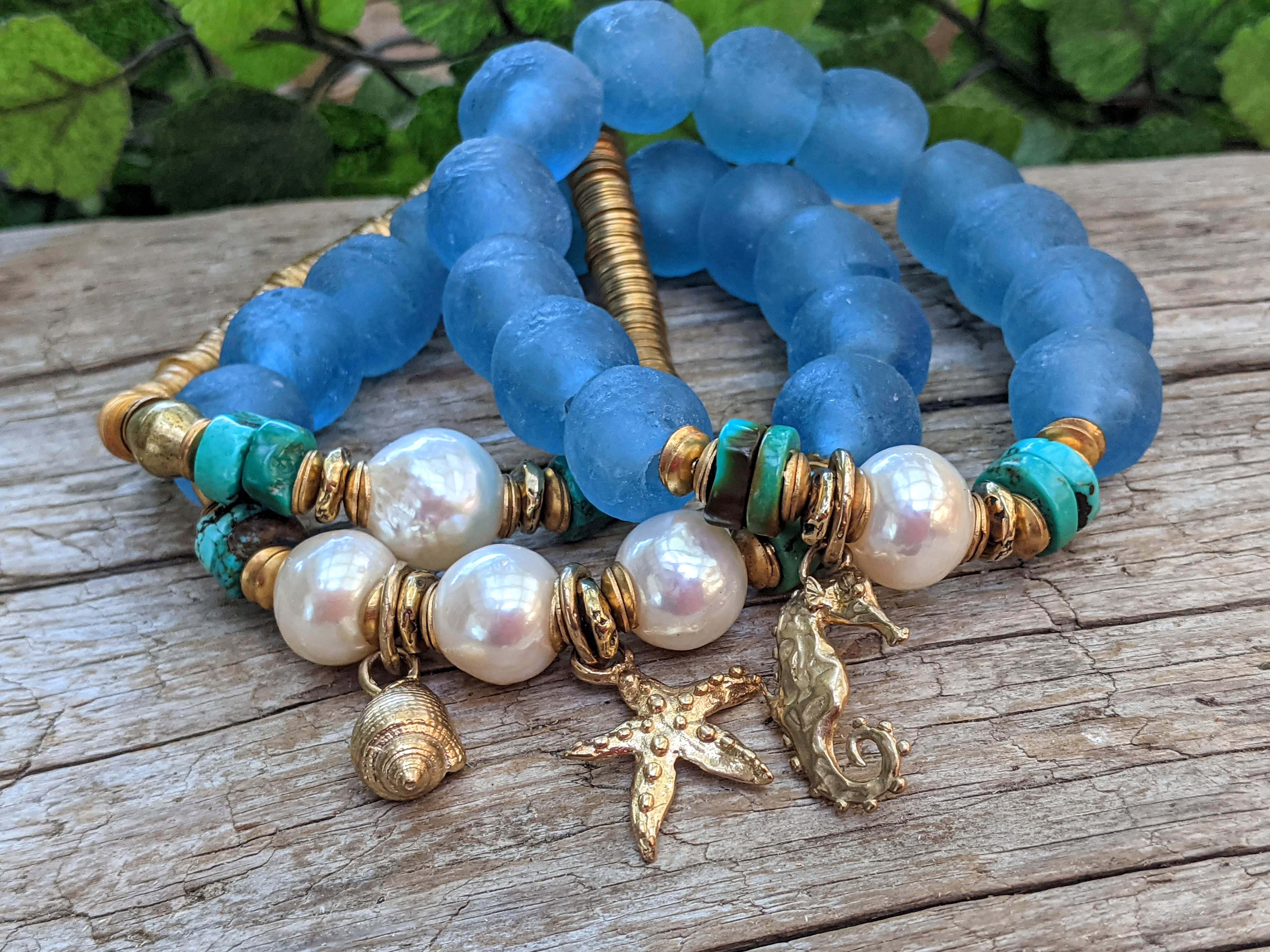 Turquoise, Sea Glass & White Edison Pearl Elastic Bracelet with Ocean Charms
