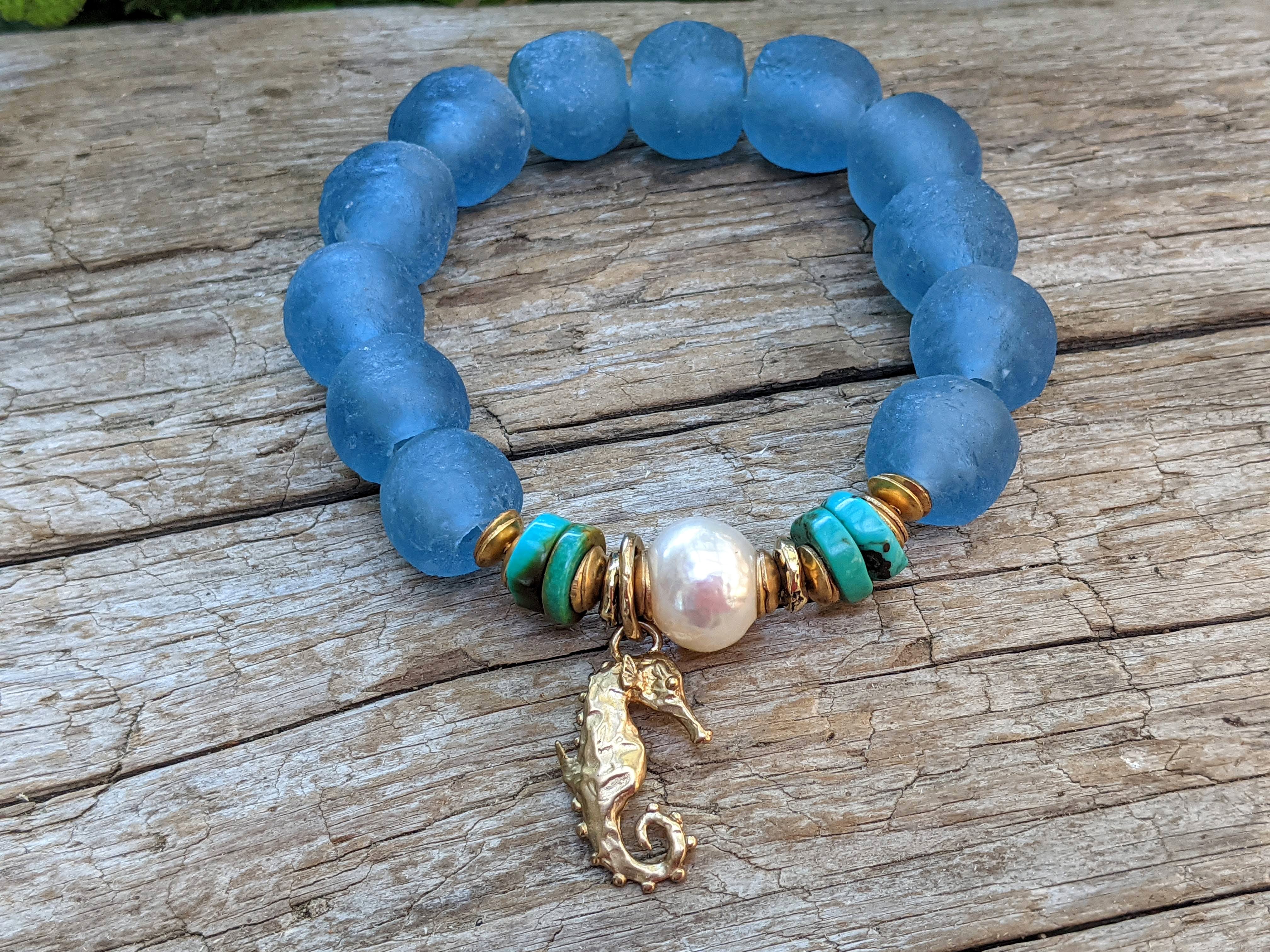 Turquoise, Sea Glass & White Edison Pearl Elastic Bracelet with