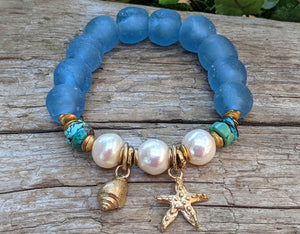 Turquoise, Sea Glass & White Edison Pearl Elastic Bracelet with Ocean Charms