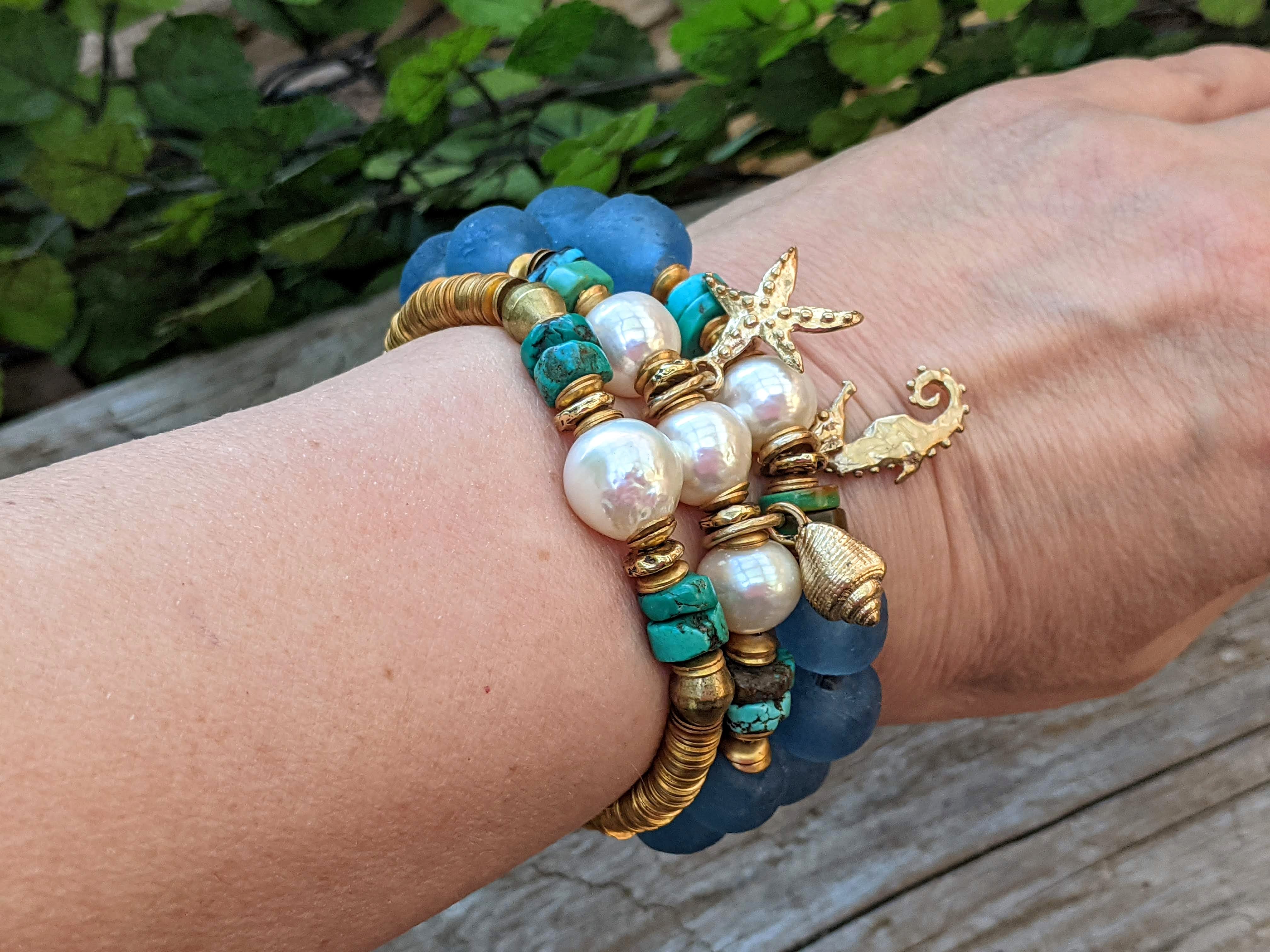 Turquoise, Sea Glass & White Edison Pearl Elastic Bracelet with Seahorse Charm