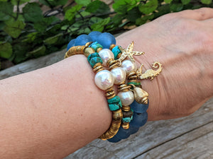 Turquoise, Sea Glass & White Edison Pearl Elastic Bracelet with Seahorse Charm