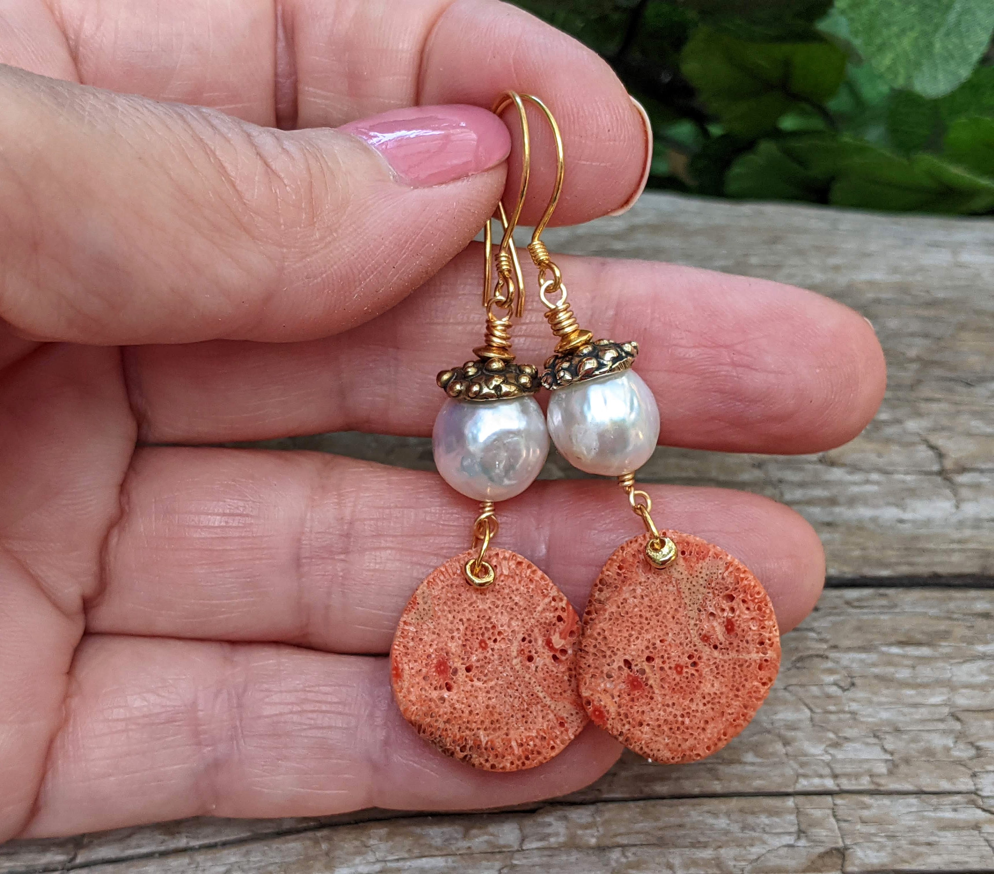 Orange Fossilized Coral & Edison Pearl Artisan Earrings