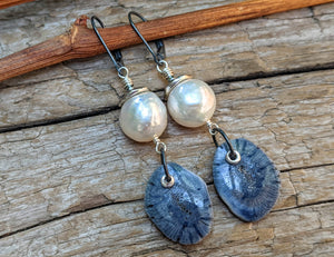 Blue Fossilized Coral & White Edison Pearl Earrings