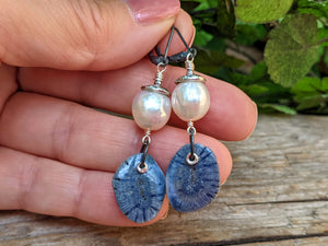 Blue Fossilized Coral & White Edison Pearl Earrings
