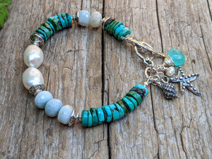 Genuine Turquoise, Aquamarine & Pearl Ocean Theme Artisan Bracelet