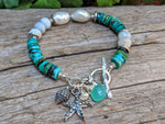 Genuine Turquoise, Aquamarine & Pearl Ocean Theme Artisan Bracelet