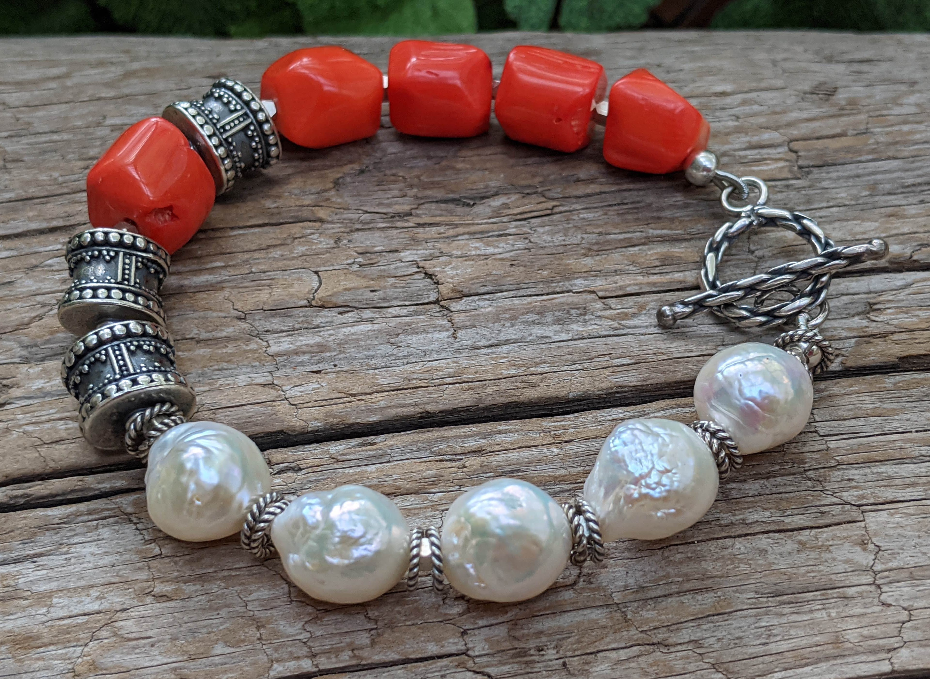 Orange Coral & White Edison Pearl Bracelet