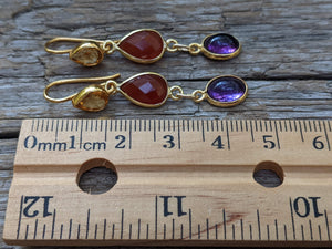 Golden Citrine, Carnelian & Amethyst Gemstone Earrings