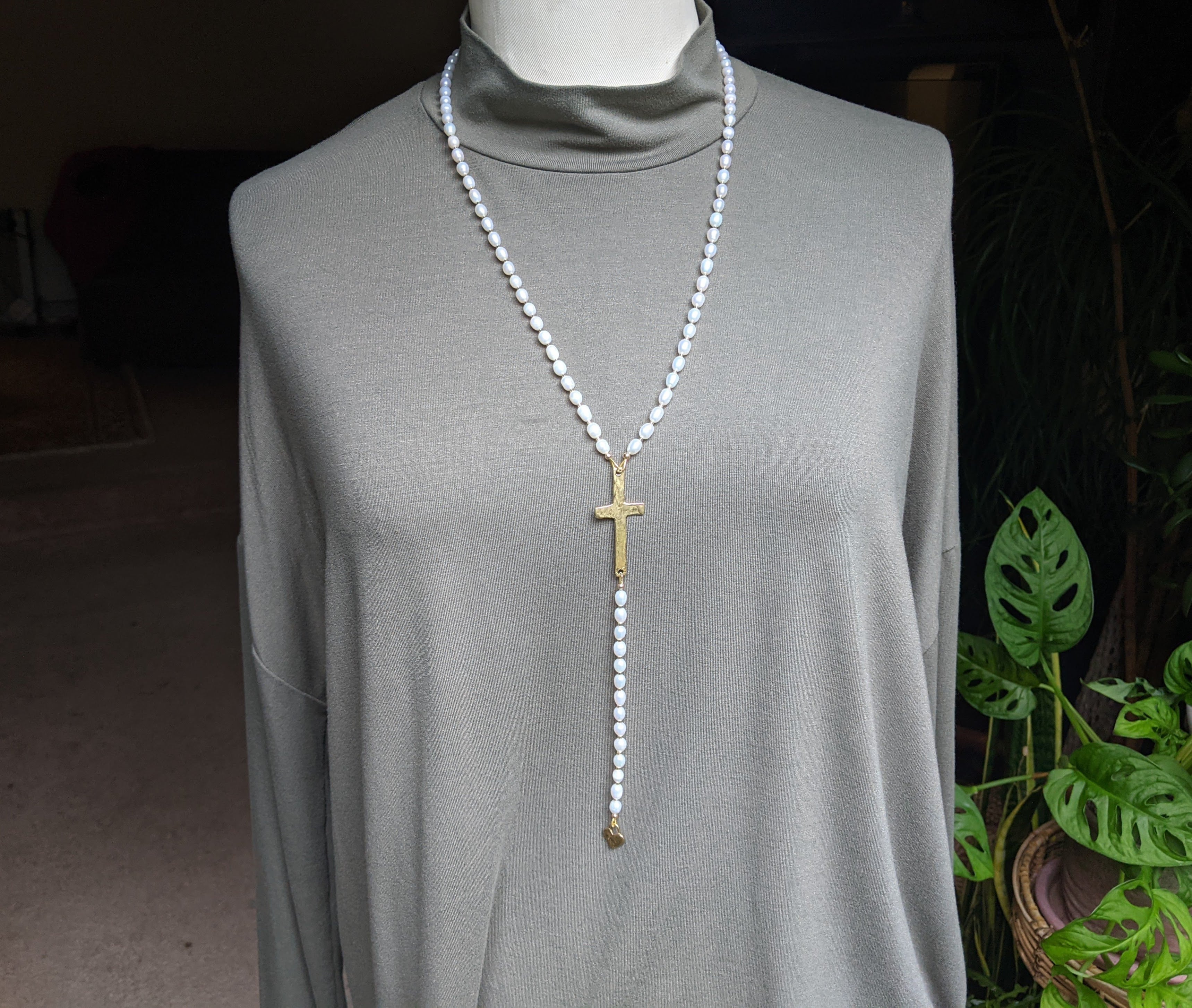 Long Pearl Cross Necklace