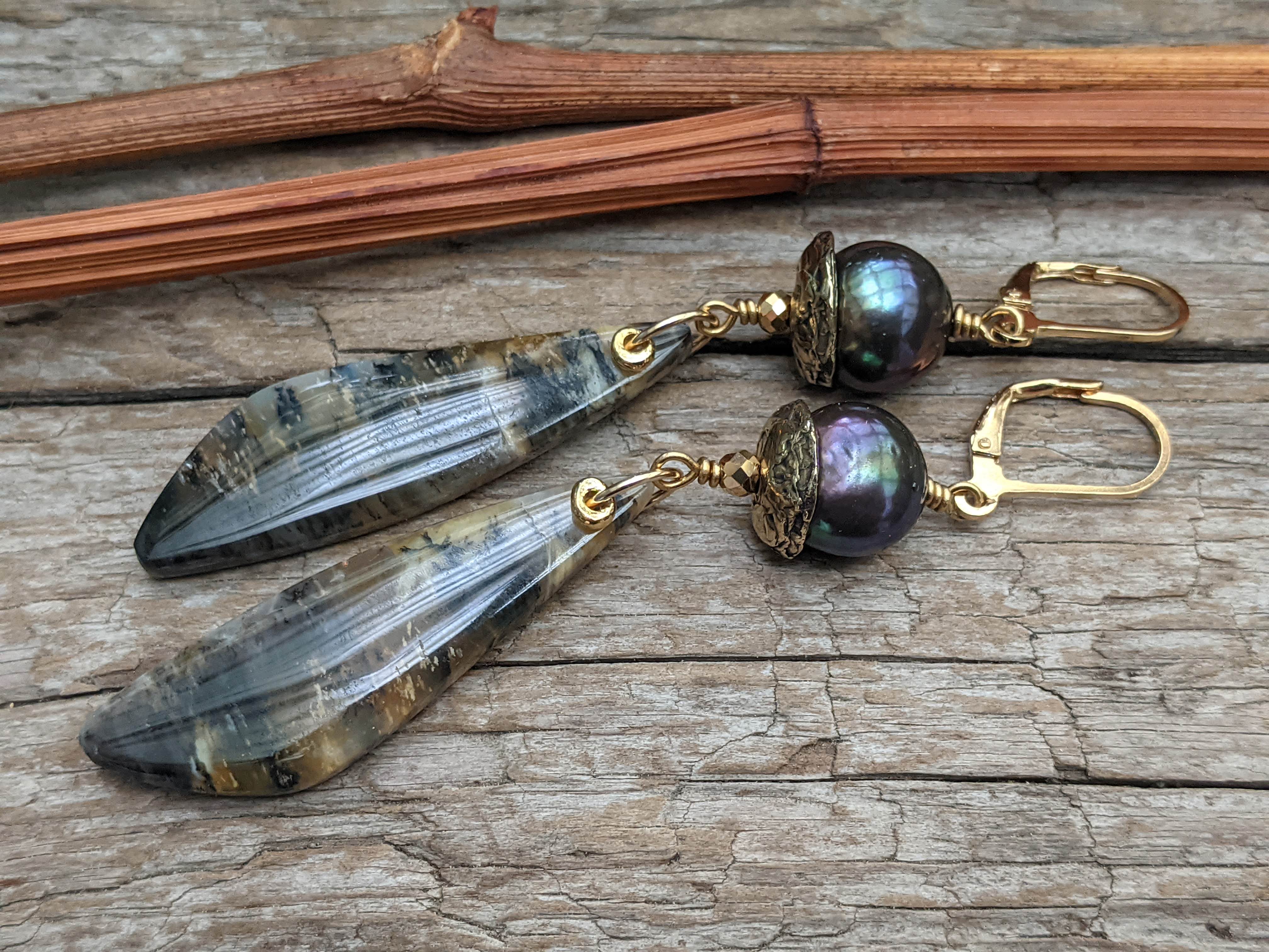 Black Pearl & Dendritic Agate Earrings