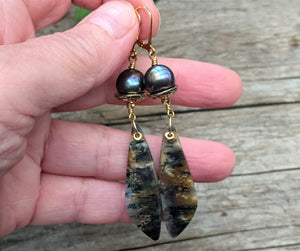 Black Pearl & Dendritic Agate Earrings