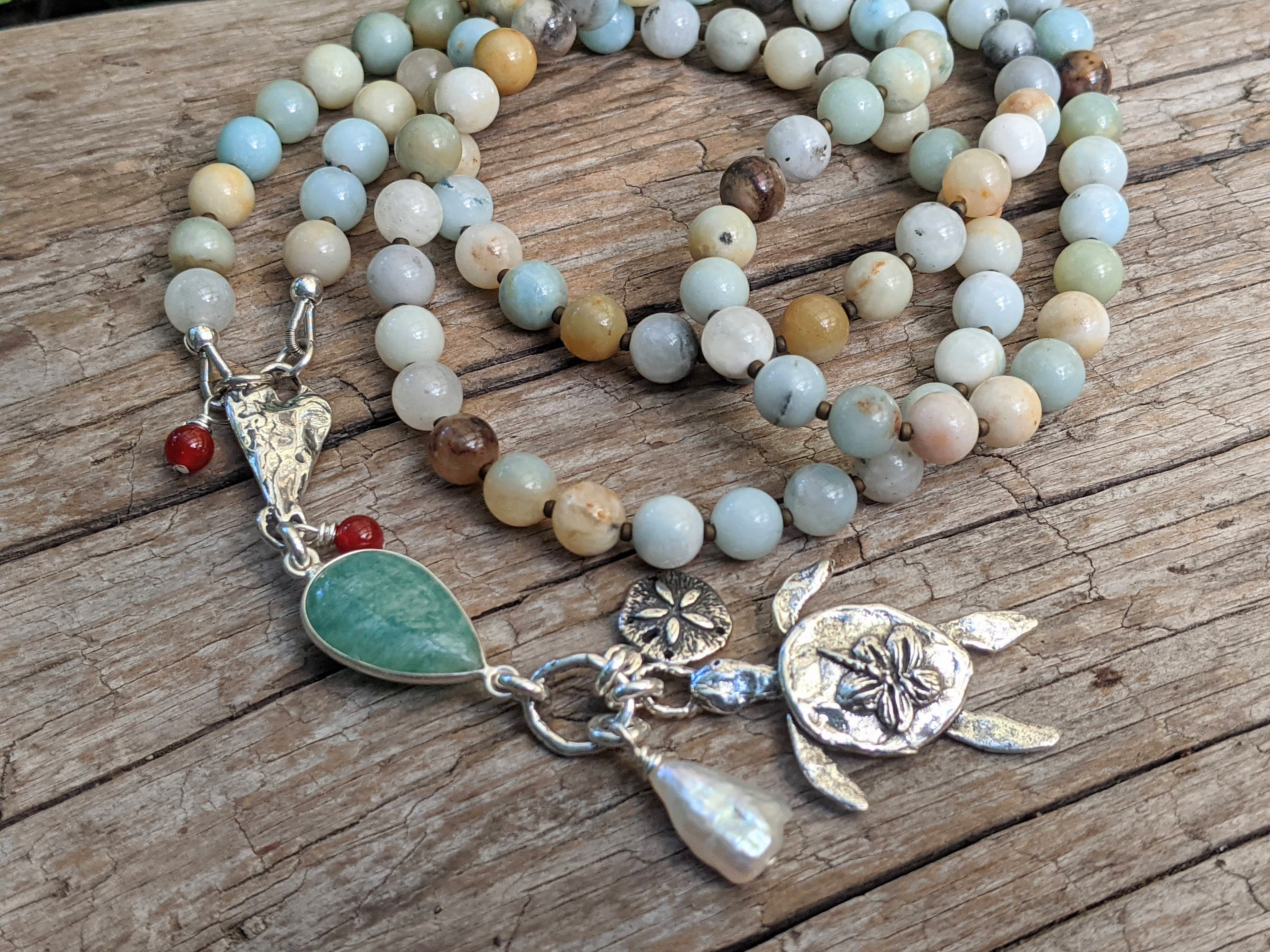 Long Amazonite Necklace with Sand Dollar and Turtle Pendant