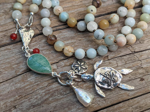 Long Amazonite Necklace with Sand Dollar and Turtle Pendant