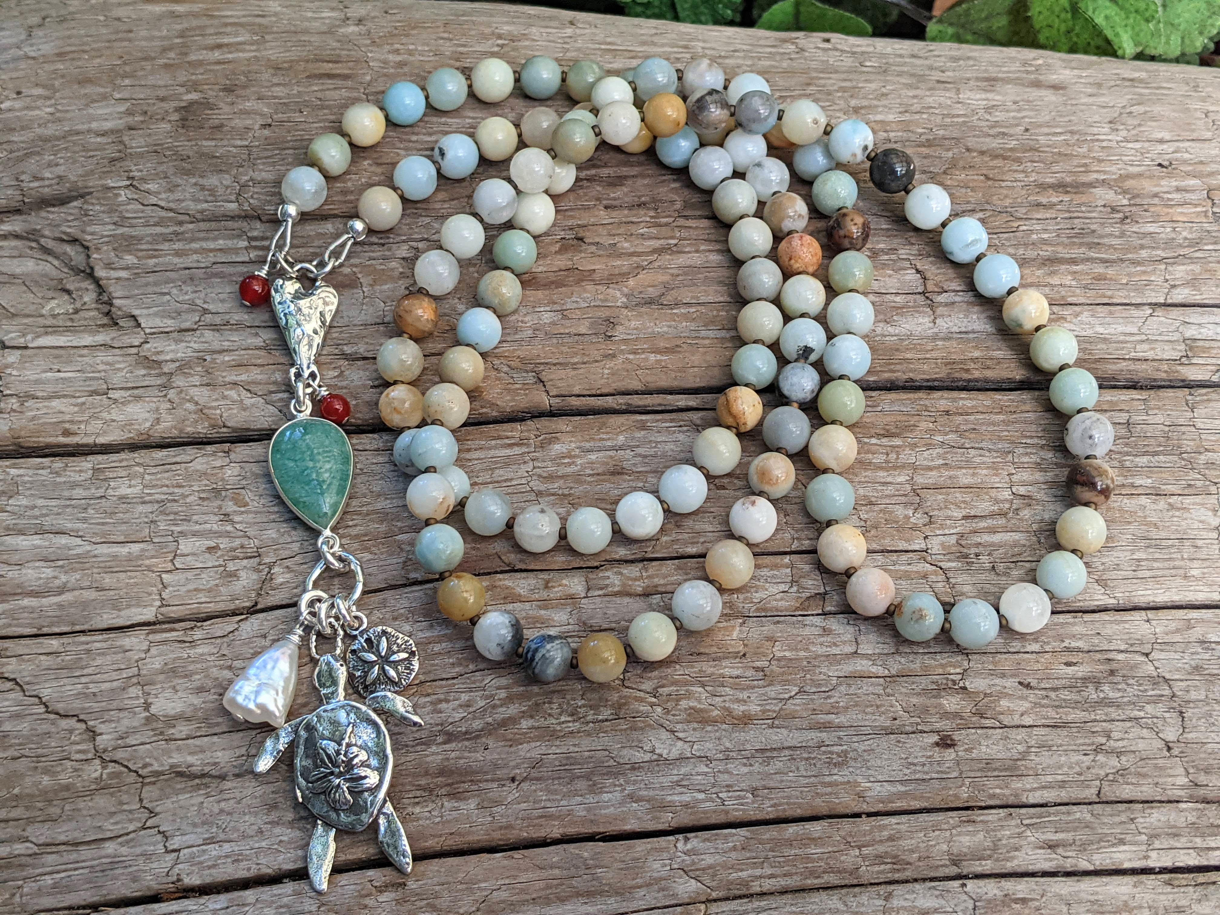 Long Amazonite Necklace with Sand Dollar and Turtle Pendant