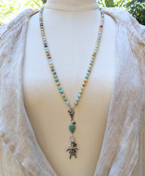 Long Amazonite Necklace with Sand Dollar and Turtle Pendant