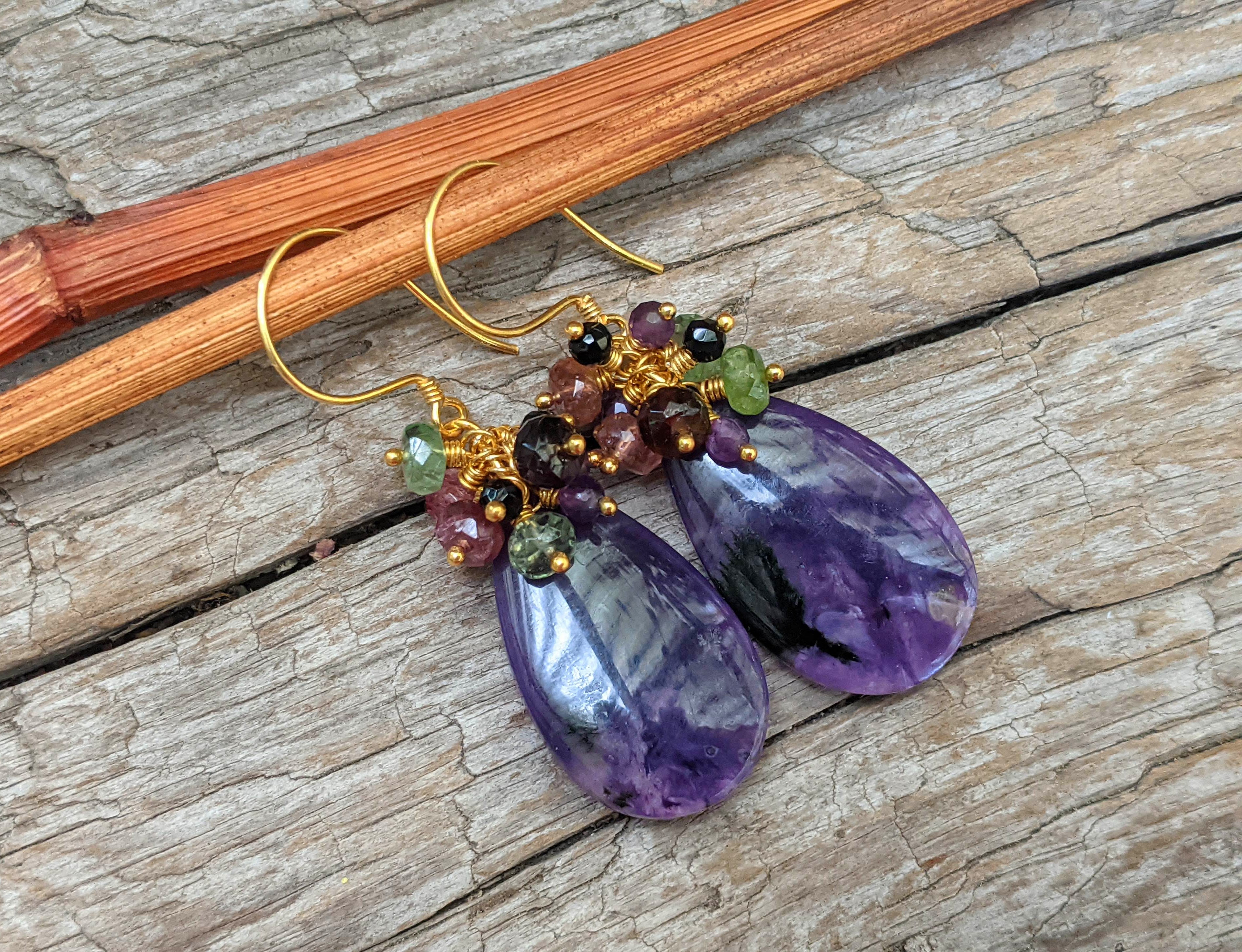 Charoite with Tourmaline Cluster Earrings