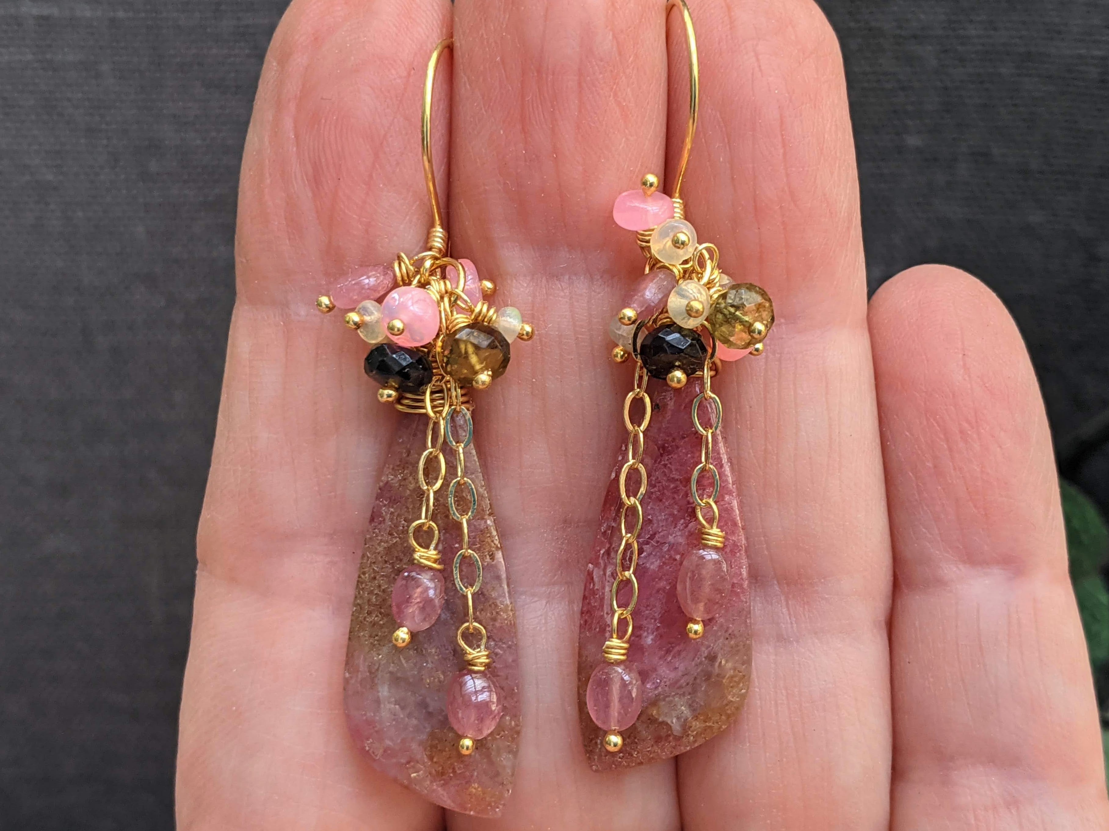 Rhodonite with Opal and Tourmaline Cluster Earrings