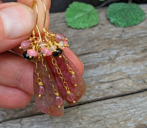 Rhodonite with Opal and Tourmaline Cluster Earrings