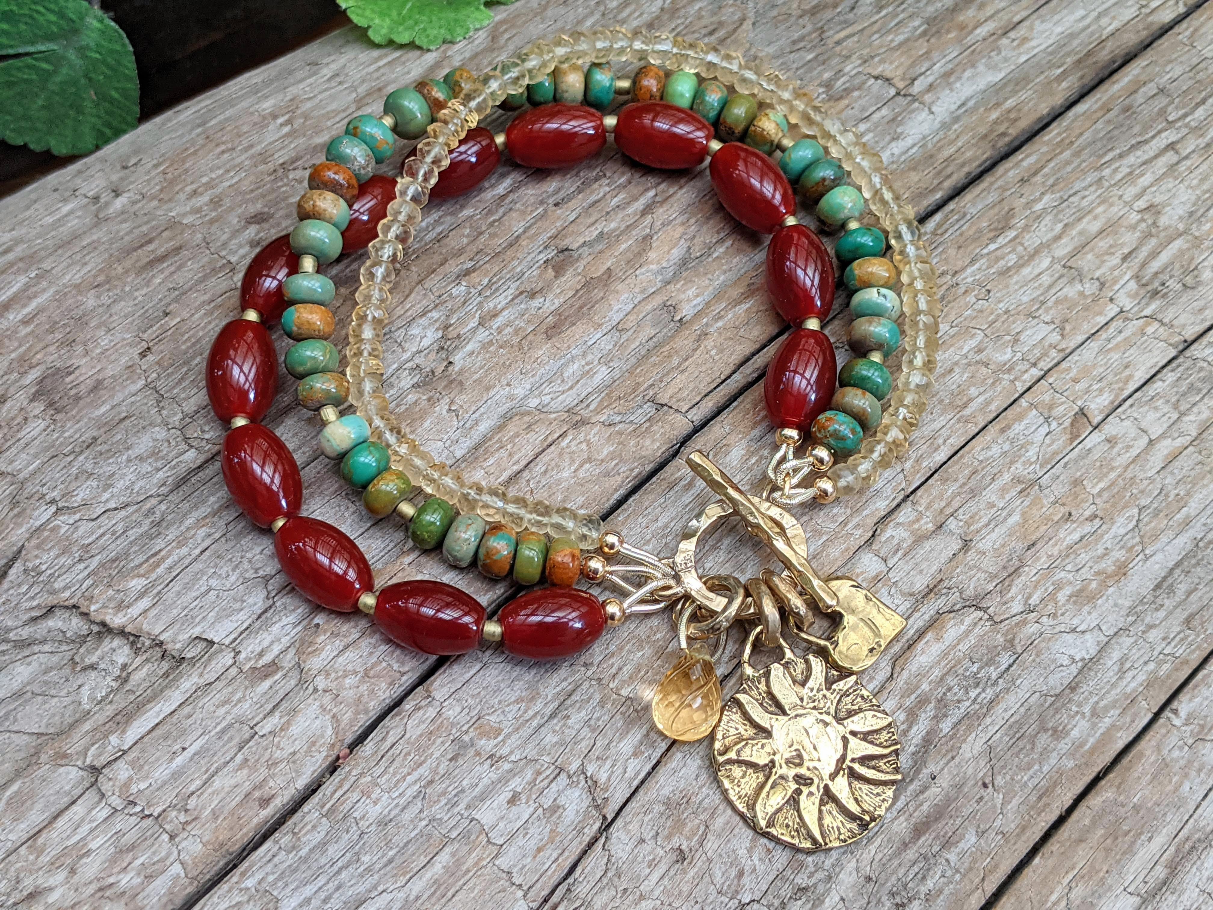 Genuine Turquoise With Carnelian and Citrine Boho Bracelet