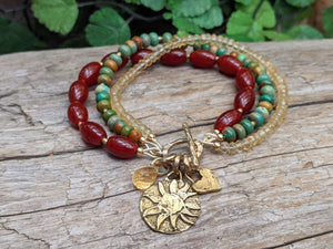 Genuine Turquoise With Carnelian and Citrine Boho Bracelet