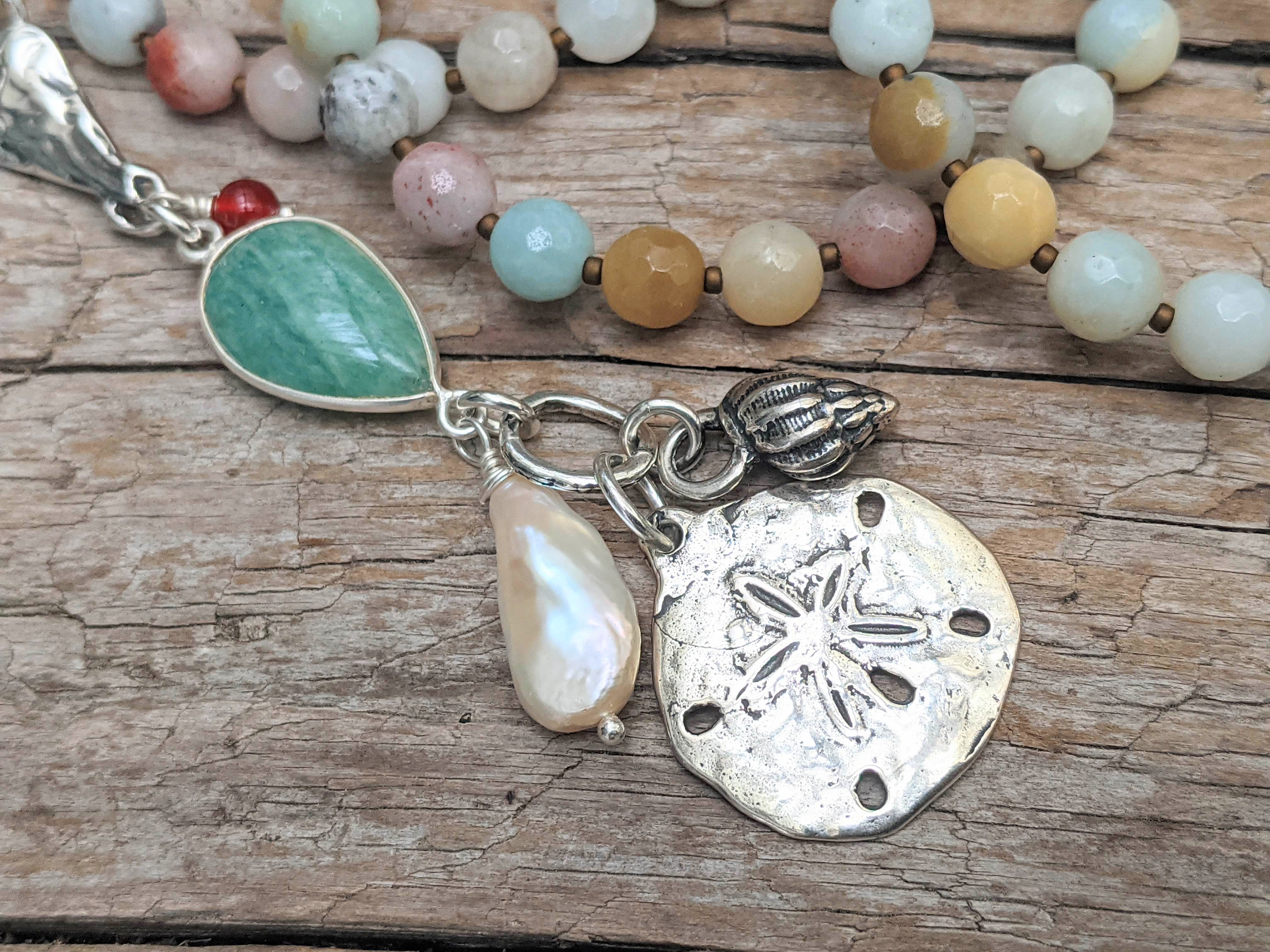 Amazonite Necklace with Sand Dollar Pendant. Multi Stone Necklace.