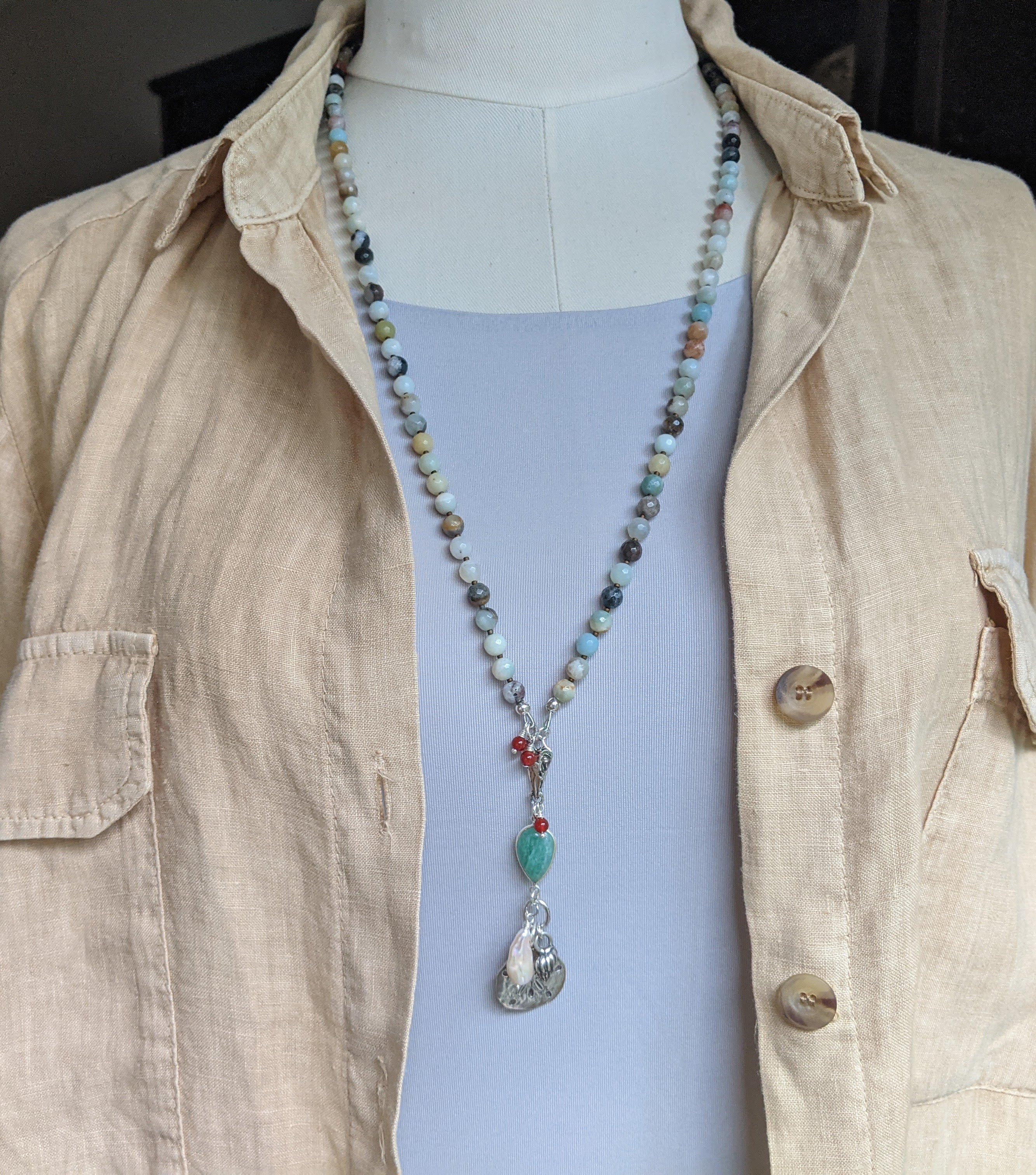 Amazonite Necklace with Sand Dollar Pendant. Multi Stone Necklace.