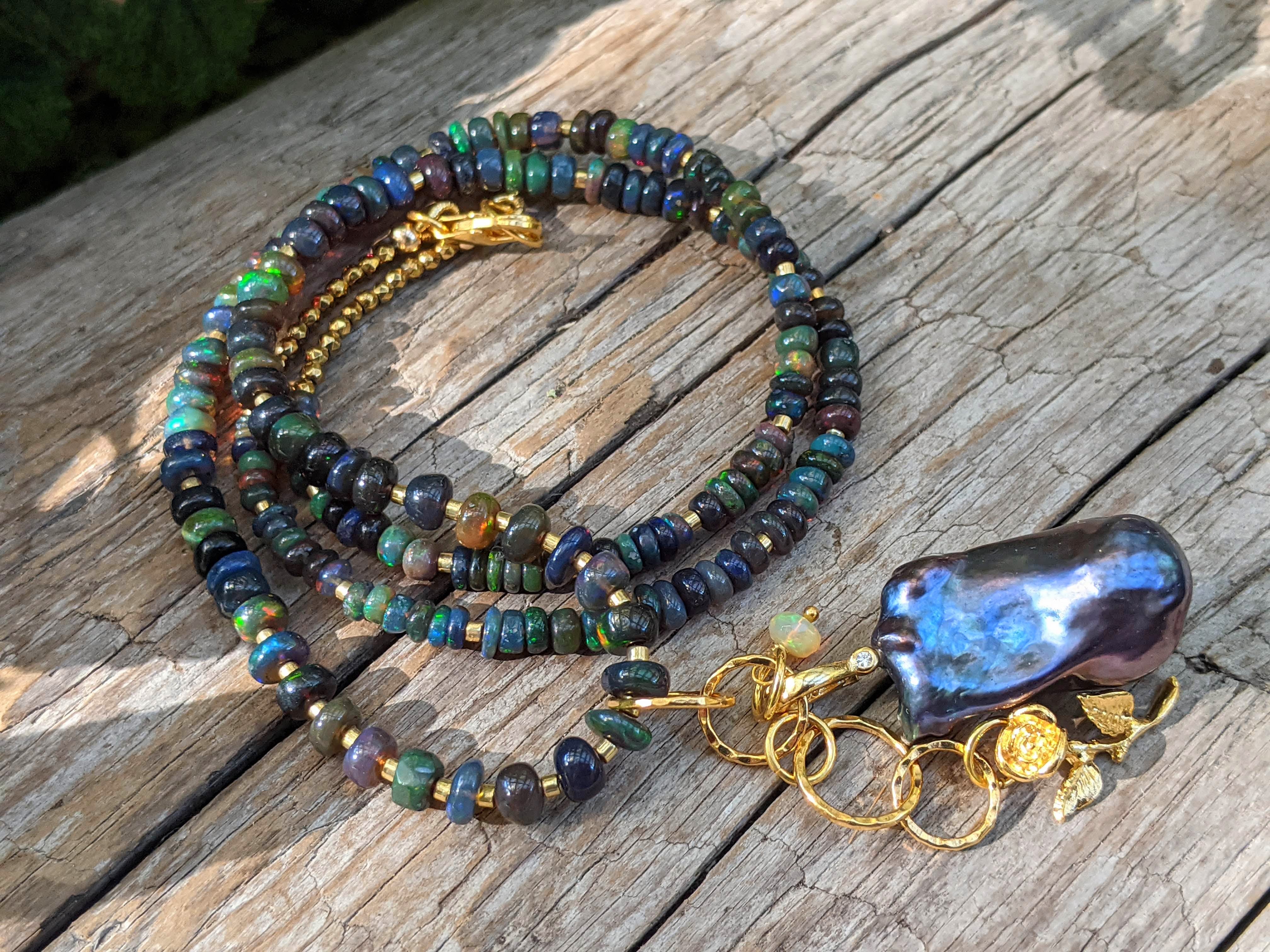 Black Opal & Black Baroque Pearl necklace