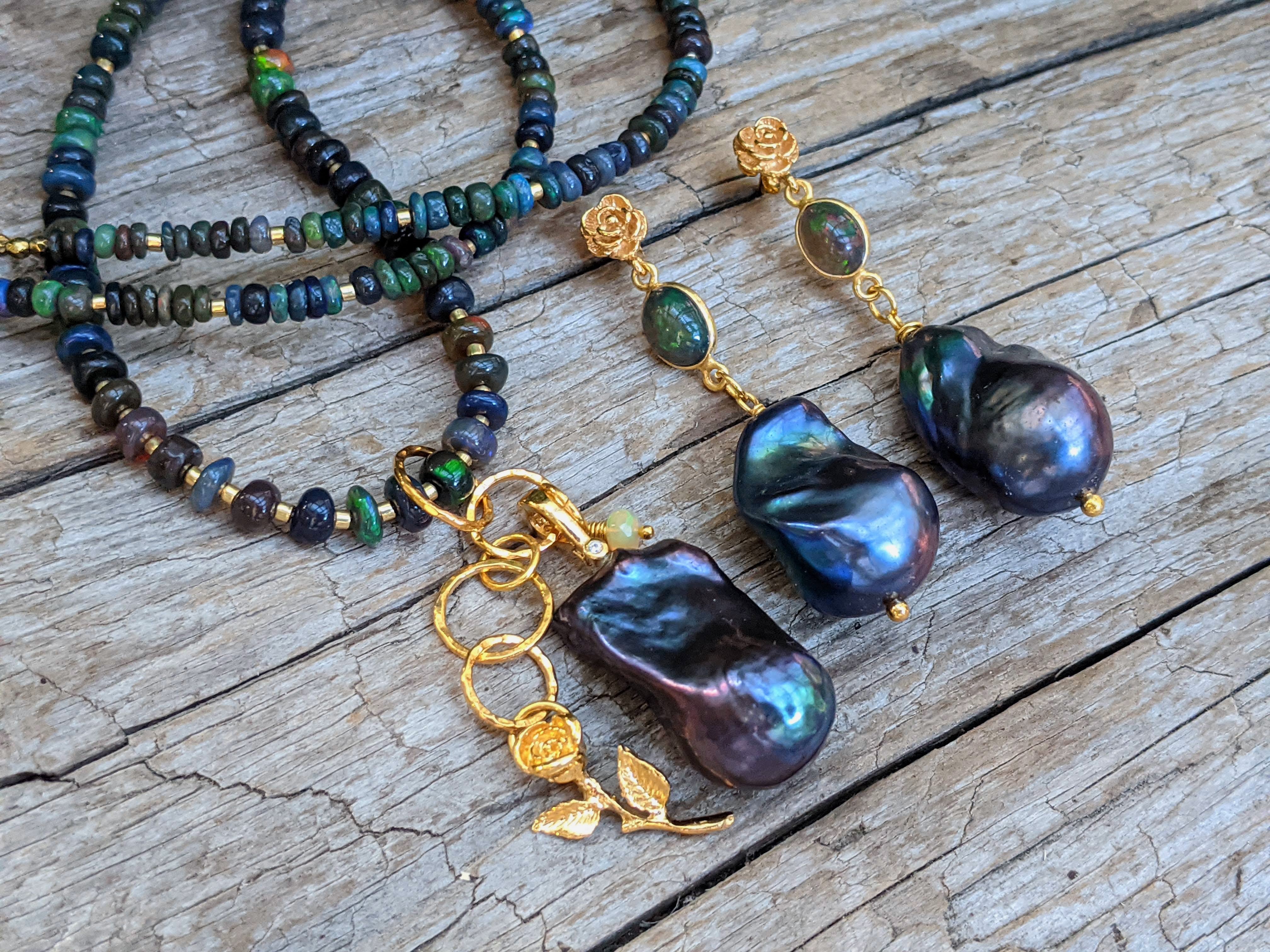 Black Opal & Black Baroque Pearl necklace