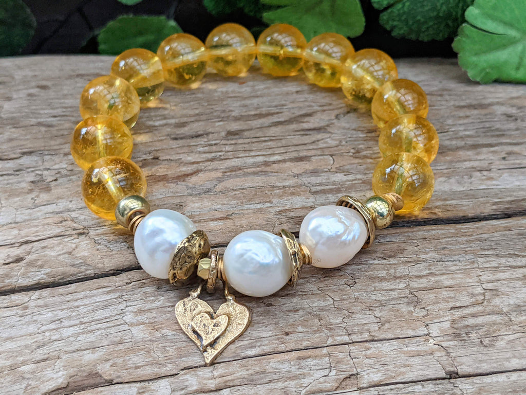 Golden Citrine & White Edison Pearl Bracelet