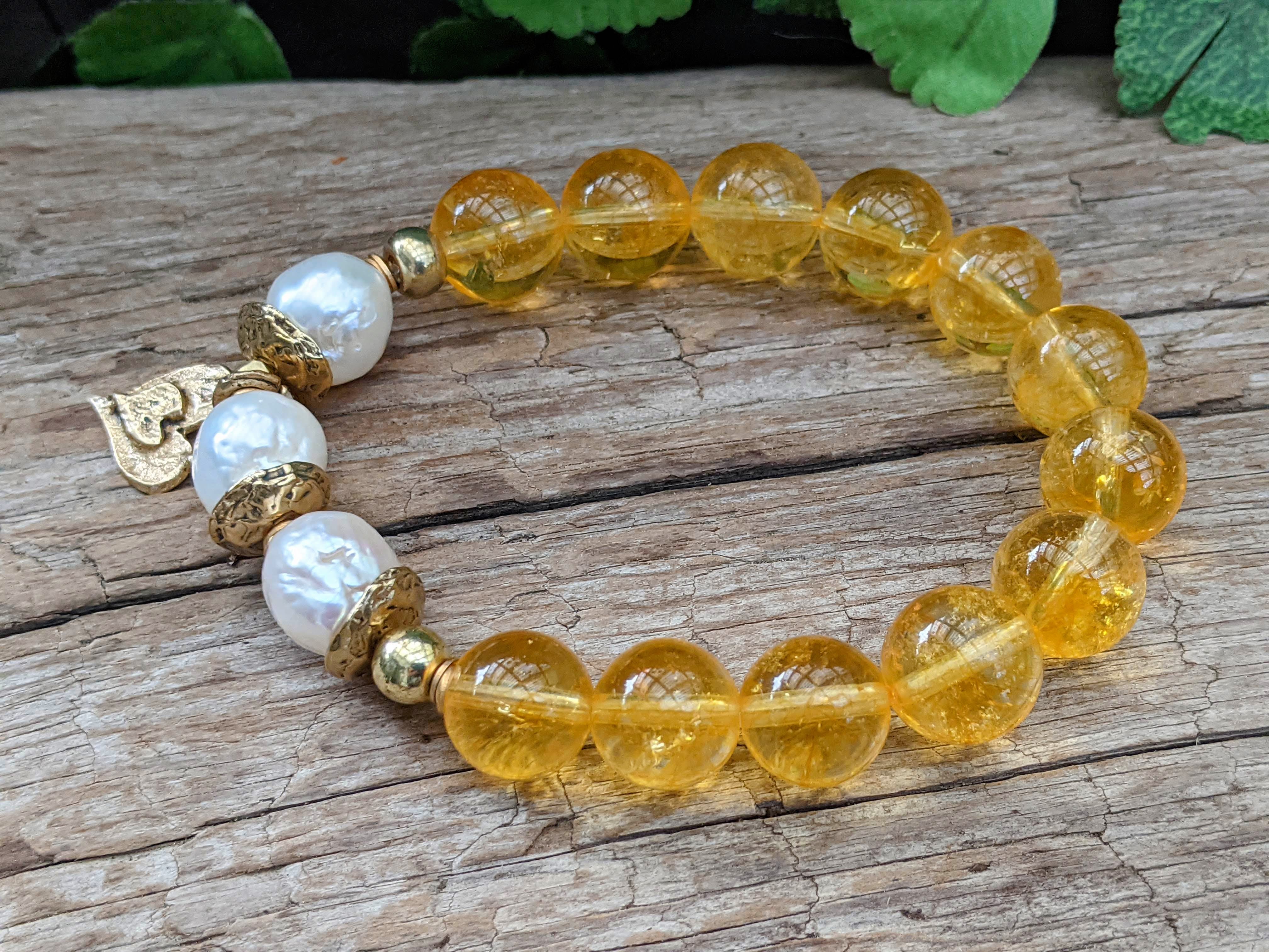 Golden Citrine & White Edison Pearl Bracelet