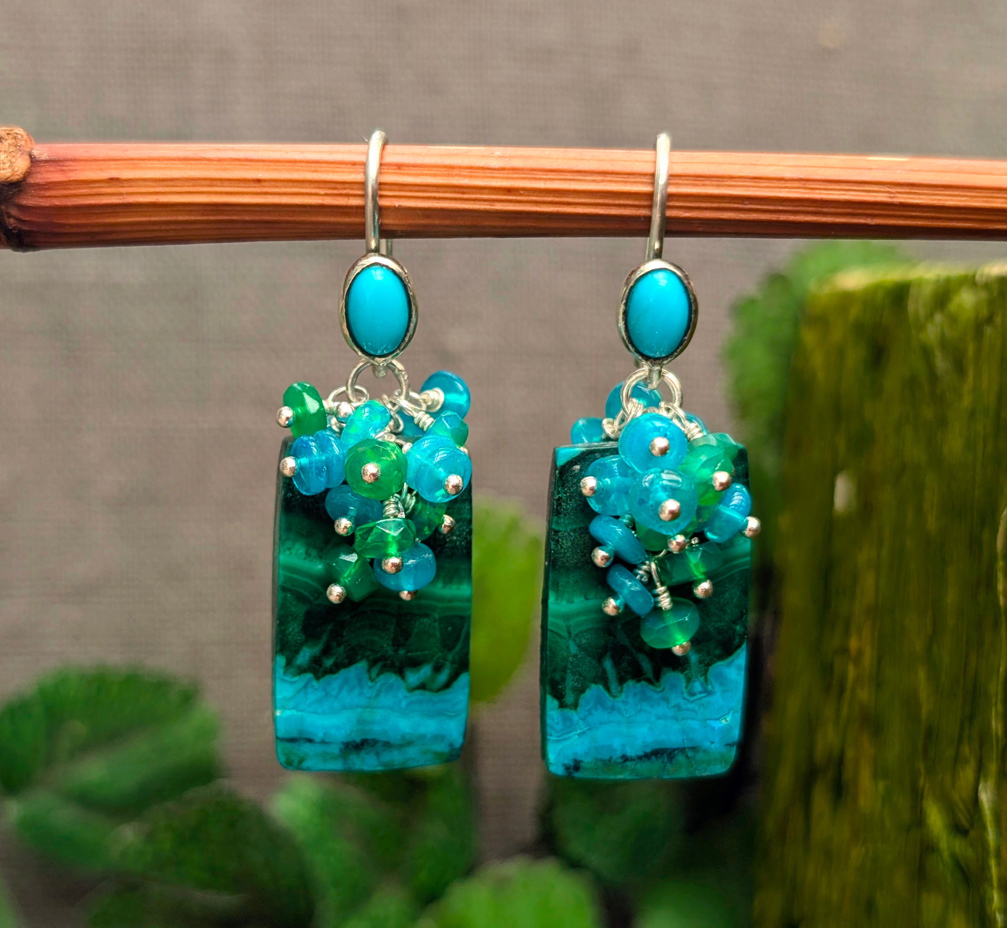 Malachite Earrings, Malachite with Turquoise and Opal Cluster Earrings