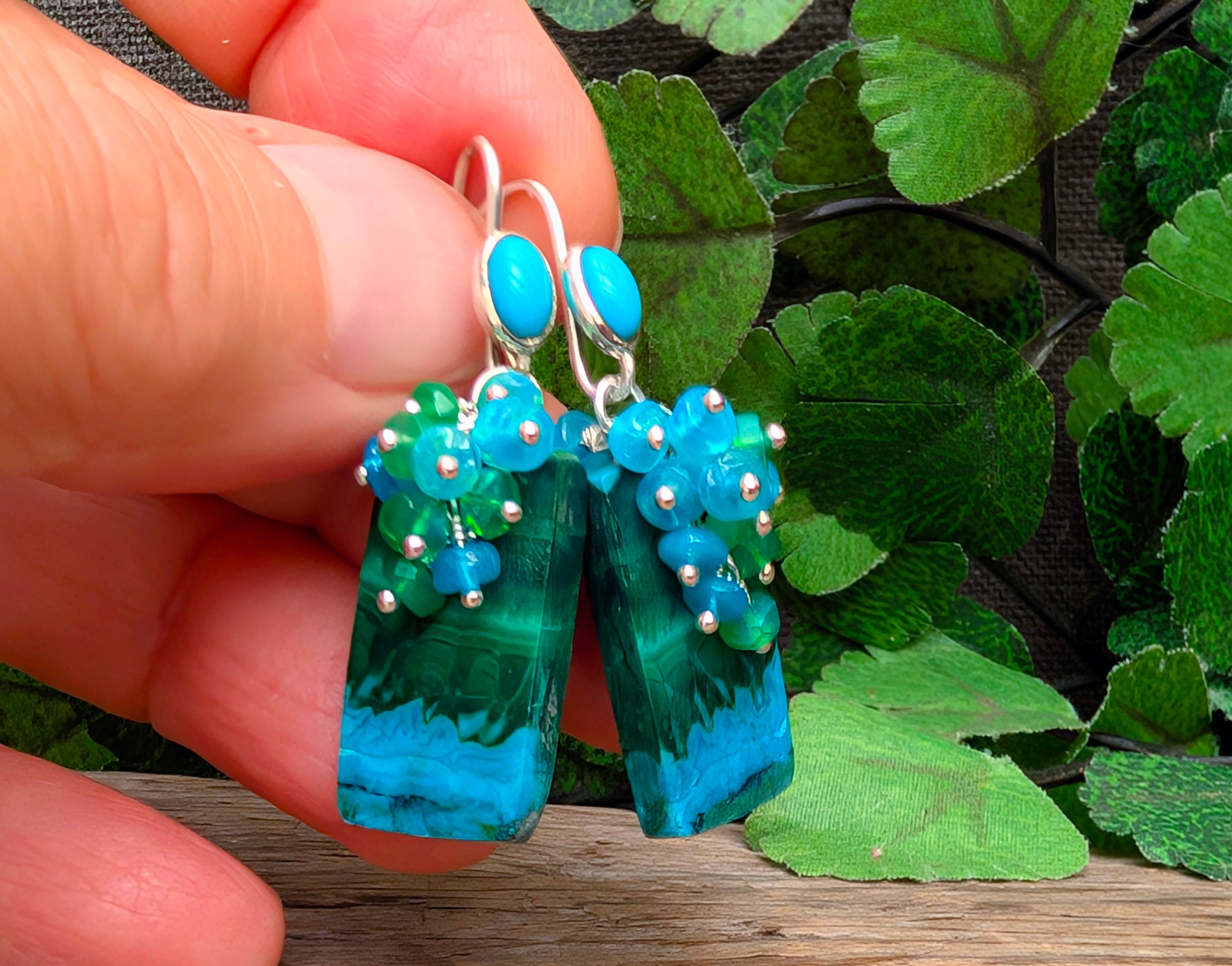 Malachite Earrings, Malachite with Turquoise and Opal Cluster Earrings