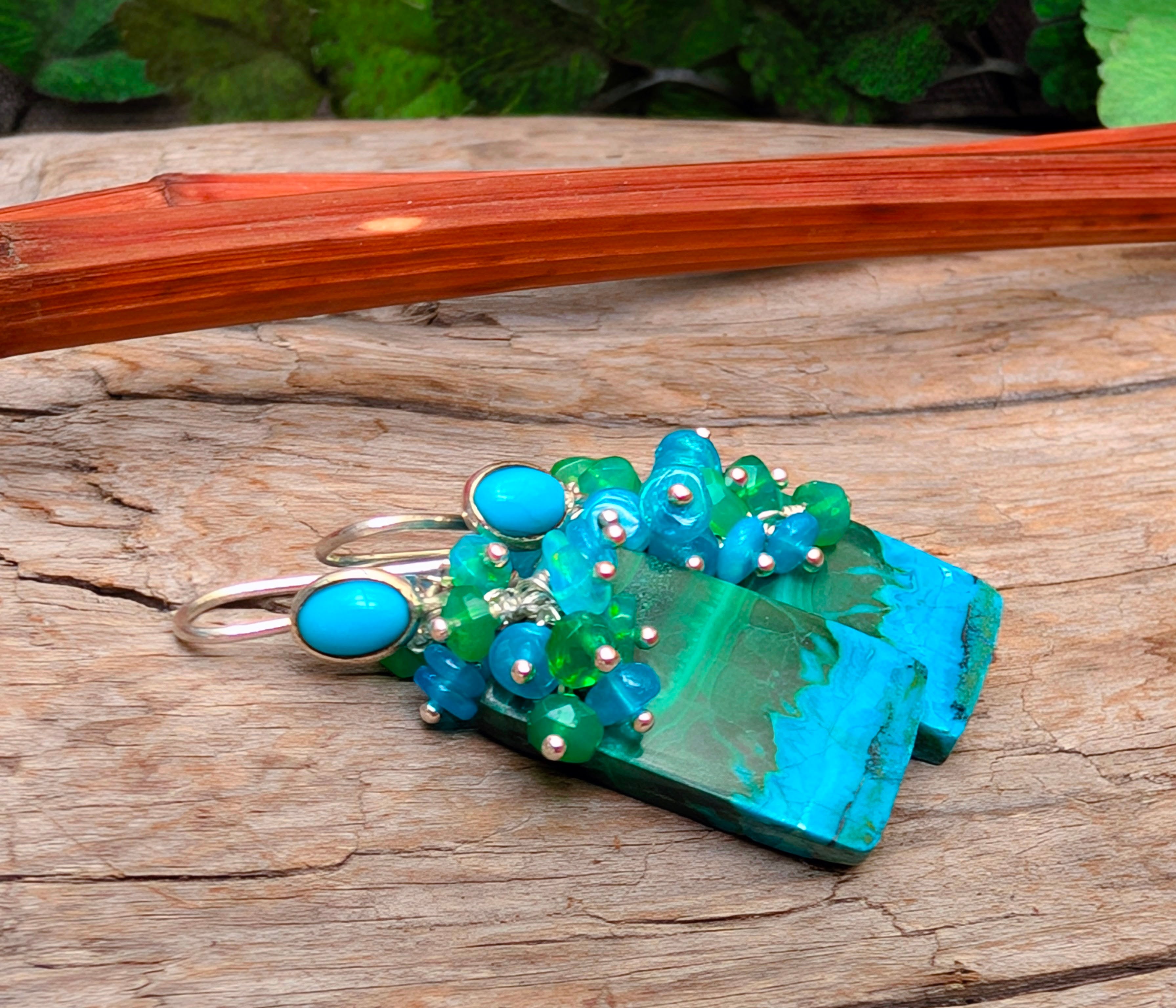 Malachite Earrings, Malachite with Turquoise and Opal Cluster Earrings