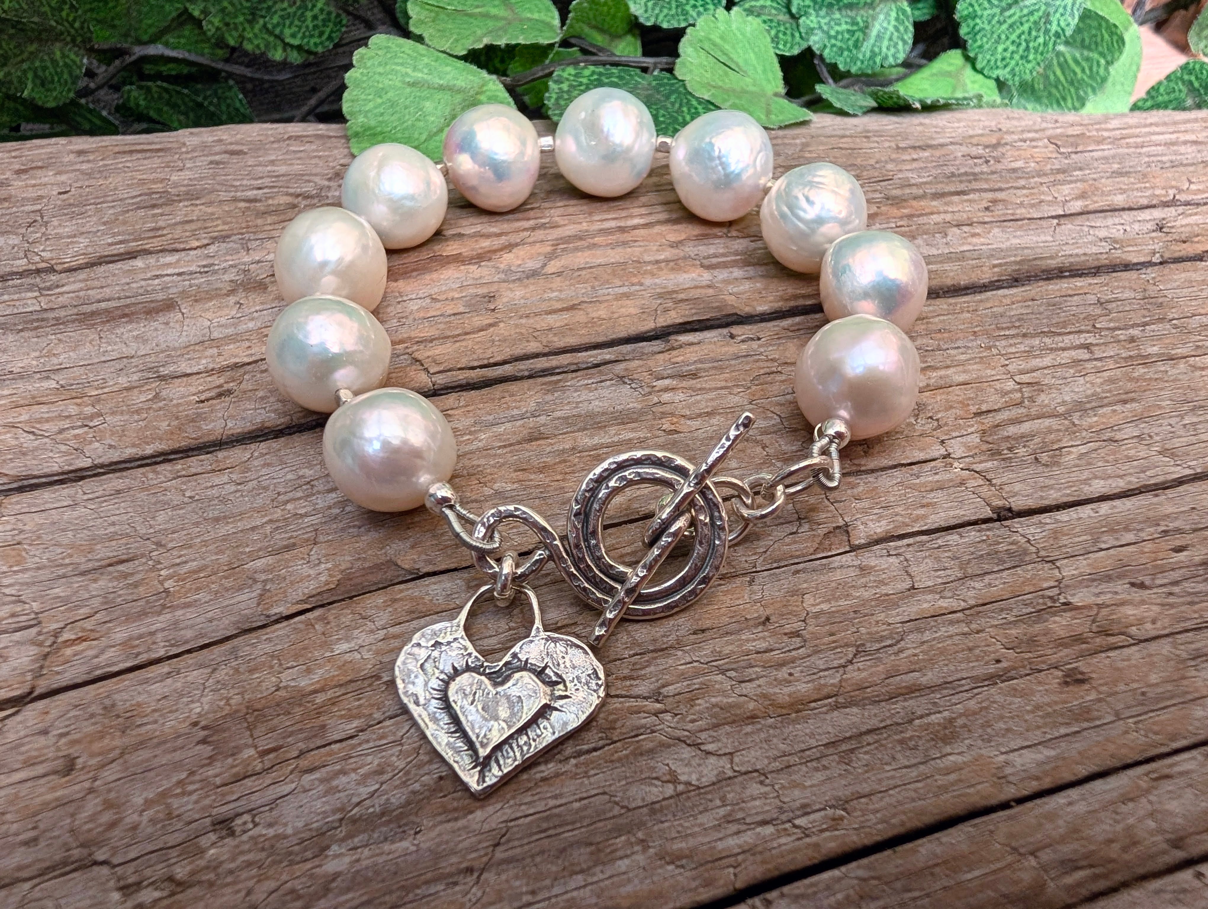 Large White Edison Pearl & Heart Toggle Bracelet