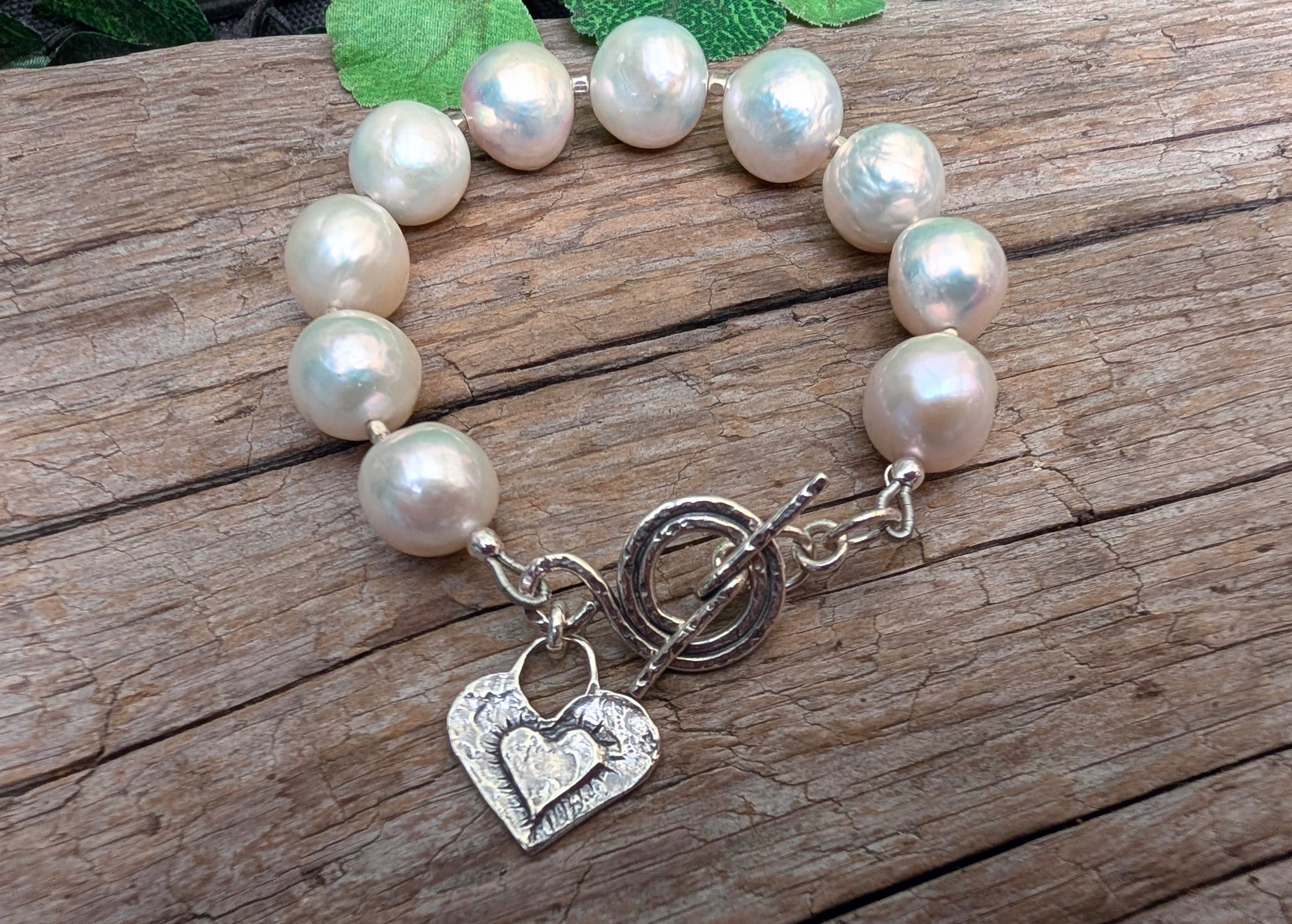 Large White Edison Pearl & Heart Toggle Bracelet